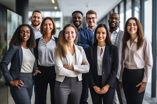 Group of diverse business people and company staff in modern office, representing company.