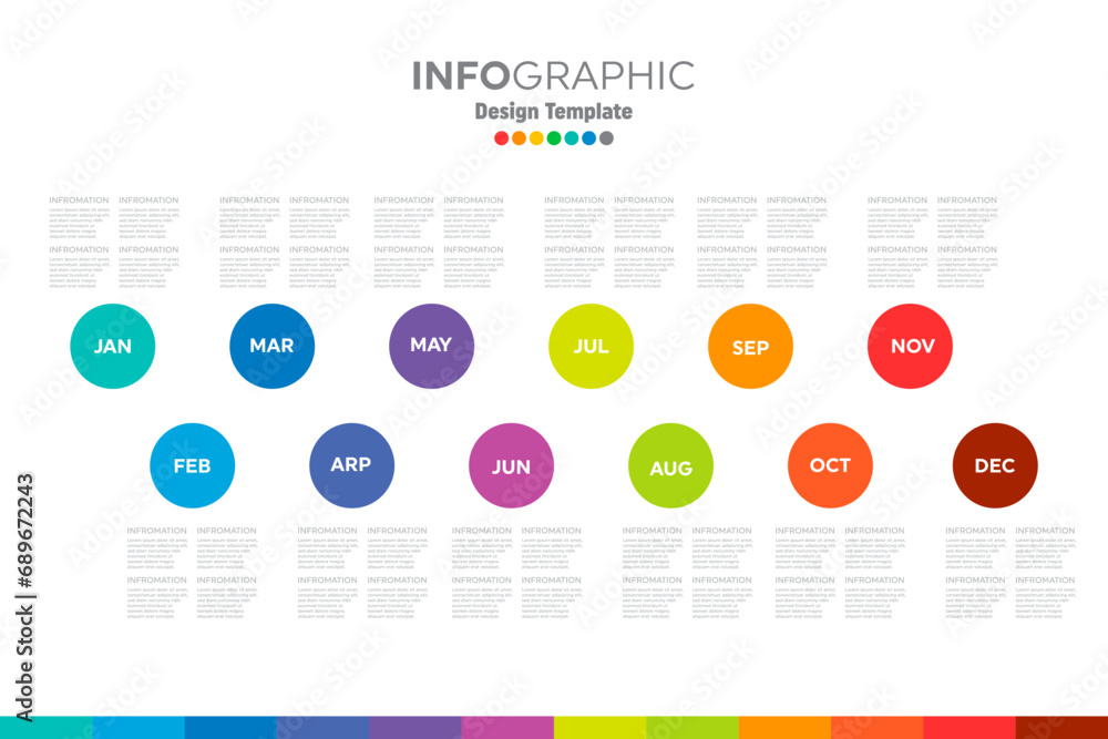Poster full year time line template with all the colored months of the rainbow on a neatly arranged horizon