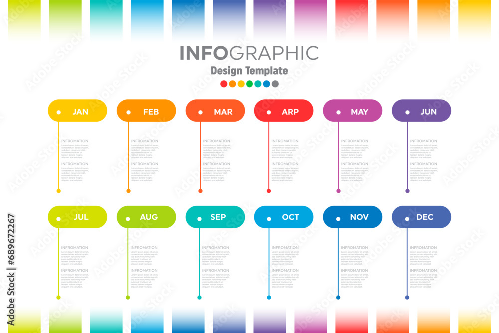 Poster full year time line template with all the colored months of the rainbow on a neatly arranged horizon