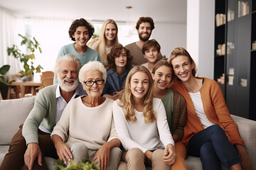 Happy extended multi generation family gathered together on sofa at home. - Powered by Adobe