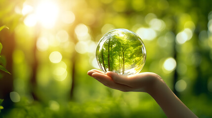 Hand holding glass globe ball with tree growing and green nature blur background, eco concept.