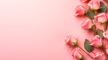 Delicate fresh roses on a pink background. Mother's day or valentine's day. Top view, space for text.
