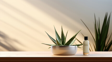 Minimalist aloe vera plant and aloe vera gel product display montage Skin care concept