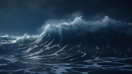 Storm at sea and ocean. Ocean waves. Big waves at night.