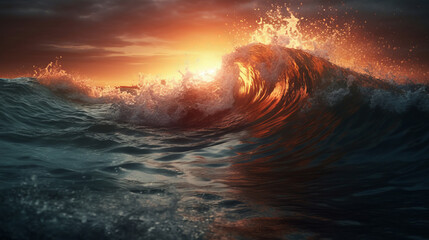 Storm at sea and ocean. Ocean waves. Big waves. Sunset. - obrazy, fototapety, plakaty