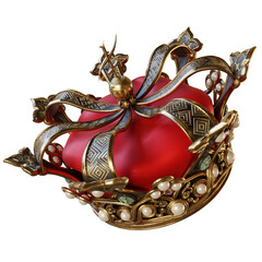 A 3d rendered overlay of a royal golden crown with red fabric and white purls 