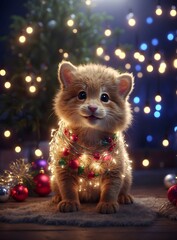 Cute cat with festive birthday lights around him.