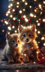 Fototapeta na wymiar cute cats playing with Christmas festive magic lights.