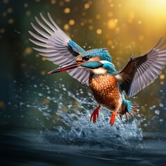 Obraz premium Kingfisher over water flying image Generative AI