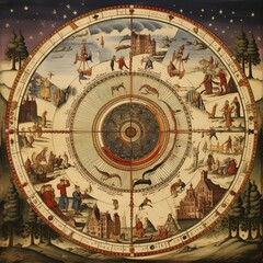 Medieval circular weather calendar image Generative AI
