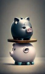 AI generated illustration of Piggy banks with money on a blue background. 3d rendering - obrazy, fototapety, plakaty