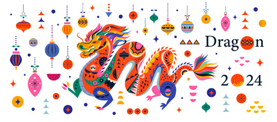 Happy New Year 2024 concept design. Chinese dragon vector illustration. Happy Chinese New Year 2024 vector design. Symbol of 2024. Year of the Dragon. - 689673882