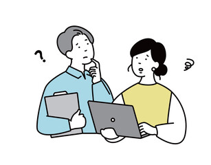 悩んだ表情をする男女のビジネスパーソンのイラスト素材