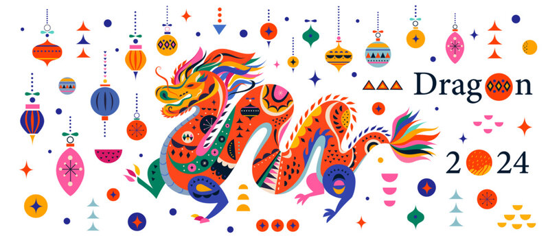Happy New Year 2024 concept design. Chinese dragon vector illustration. Happy Chinese New Year 2024 vector design. Symbol of 2024. Year of the Dragon.