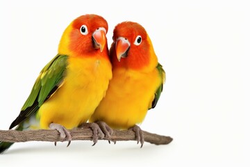 Adorable lovebirds agapornis fischeri paired and isolated on a pristine white background - obrazy, fototapety, plakaty