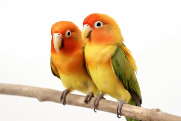 Delightful pair of agapornis fischeri lovebirds isolated against a bright white background