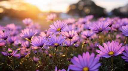 A field of flowers that have purple and yellow petals in the background
