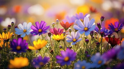 A field of flowers that have purple and yellow petals in the background