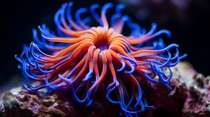 Fototapeta na wymiar A sea anemone that has tentacles that are blue and have stripes of blue and orange