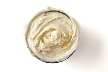 Clay bowl with creamy yogurt isolated on white background Top view with copy space