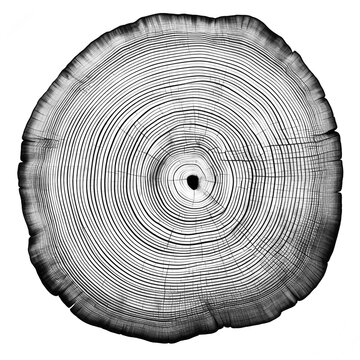 A graphic print of uneven black tree rings, wavy space between some rings isolated on white background. Wood rings