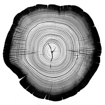 A graphic print of uneven black tree rings, wavy space between some rings isolated on white background. Wood rings
