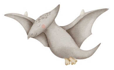 Dinosaur Pterodactyl Watercolor illustration. Hand drawn clip art of cute Dino on isolated background. Drawing of Baby cartoon pterosaur. Animal for nursery wall art stickers and prints on clothing. © Alisles