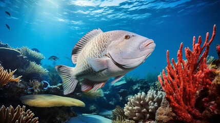 The artwork depicts a fish swimming in a coral reef