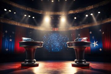 Wooden stands with debate microphones in a brightly lit studio. Political debates before the elections. Generative AI