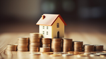 Mini house on stack of coins. Concept of property investment, income , tax, and passive income - obrazy, fototapety, plakaty