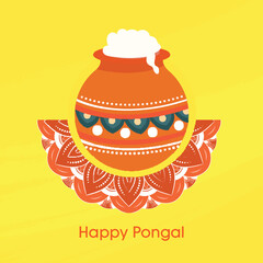 Happy Pongal Celebration Concept with Traditional Dish Filles Mud Pot over Rangoli on Yellow Background.