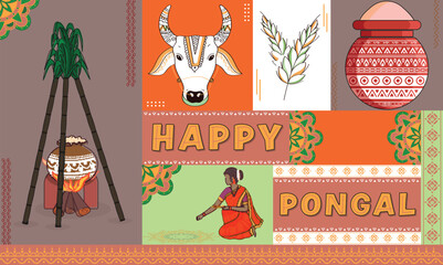 Happy Pongal Celebration Background with Character South Indian Woman, Traditional Dish Cooking at Bonfire, Cow Or Bull Face and Sugarcane.