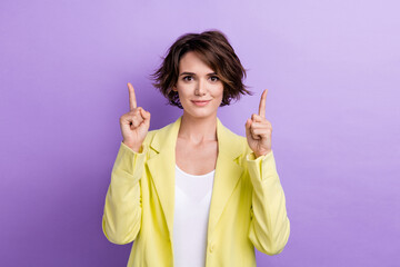 Photo of young lady brown bob hair wear stylish jacket indicate fingers up promoting relevant...