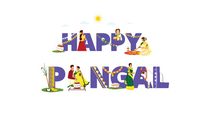 Creative Happy Pongal Font with South Indian People, Bull Character, Cooking Traditional Dish (Rice) and Deity Surya for Celebration Background.
