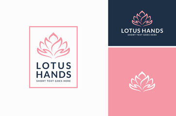 Beautiful Hands as Flower Petals Leaves for Beauty Lotus Salon Spa Woman Cosmetic Care logo design - obrazy, fototapety, plakaty