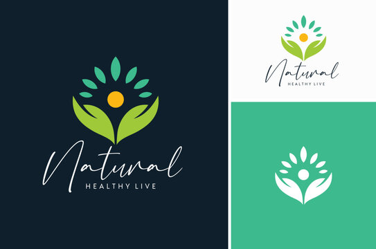 Hands Leaves Sun for Natural Healthy Life. Fresh Organic Nutrition Food logo design
