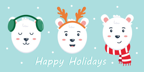 Cute polar bear characters. Merry Christmas and New Year card design template