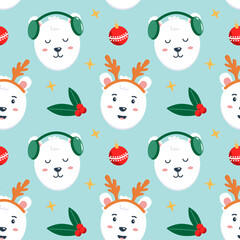Christmas seamless pattern with polar bear face, winter pattern with holly berries and toys. Can be used to fill web page background, textile, wrapping paper. Vector