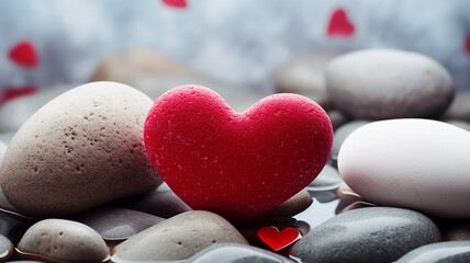 Red stone heart on grey stones