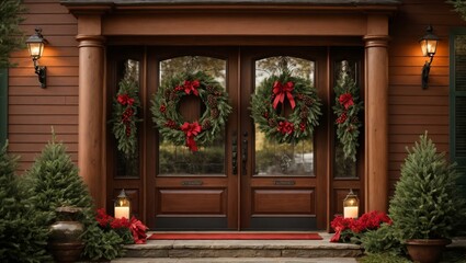 Fototapeta na wymiar A beautifully crafted wreath adorns a door with rustic charm.