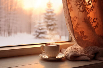 A hot drink in a white porcelain cup with a saucer stands on the windowsill next to the beige curtain and steams against the background of the window view with the sunrise over the snowy forest. - obrazy, fototapety, plakaty