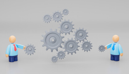 Building a business system. Businessmen adjust business gears. 3d render