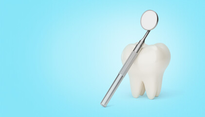 Tooth and dental mirror. Blue background. Copy space. 3d render