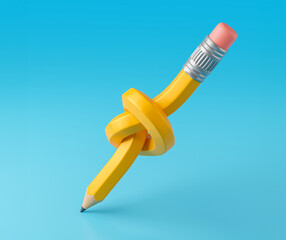 Pencil knot. A pencil tied in a knot on a blue background. 3d render