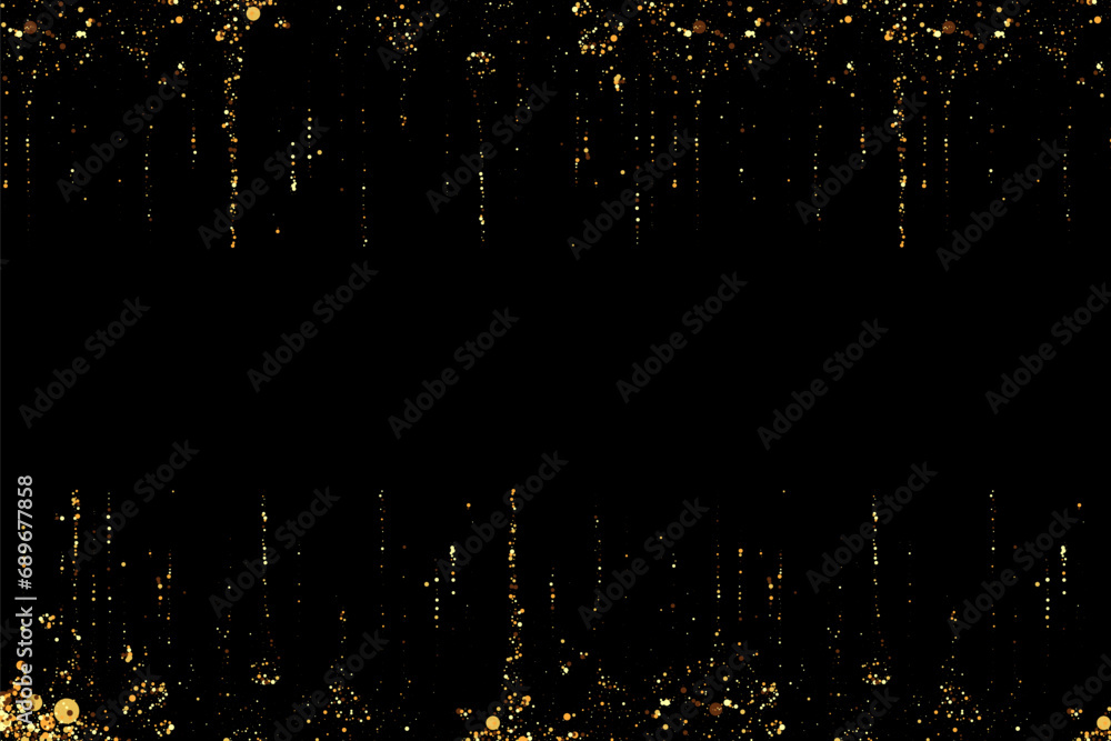 Poster scattered golden particles on a dark background. festive background or design element.