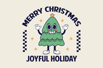 Merry Christmas and Happy New Year greeting card with cute cartoon tree
