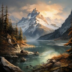 Nice mountain reservoir painting images Generative AI