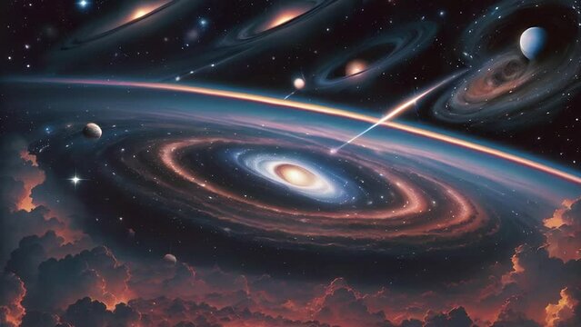 Cosmic animation. Bright universe animation with vivid galaxy, planets, nebulas and stars. AI generated cinematic video