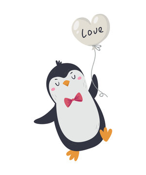Vector illustration of a cute penguin holding a balloon for Valentine's Day