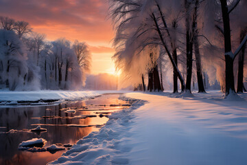 Sunrise over the river in frost forest ai generated art. 